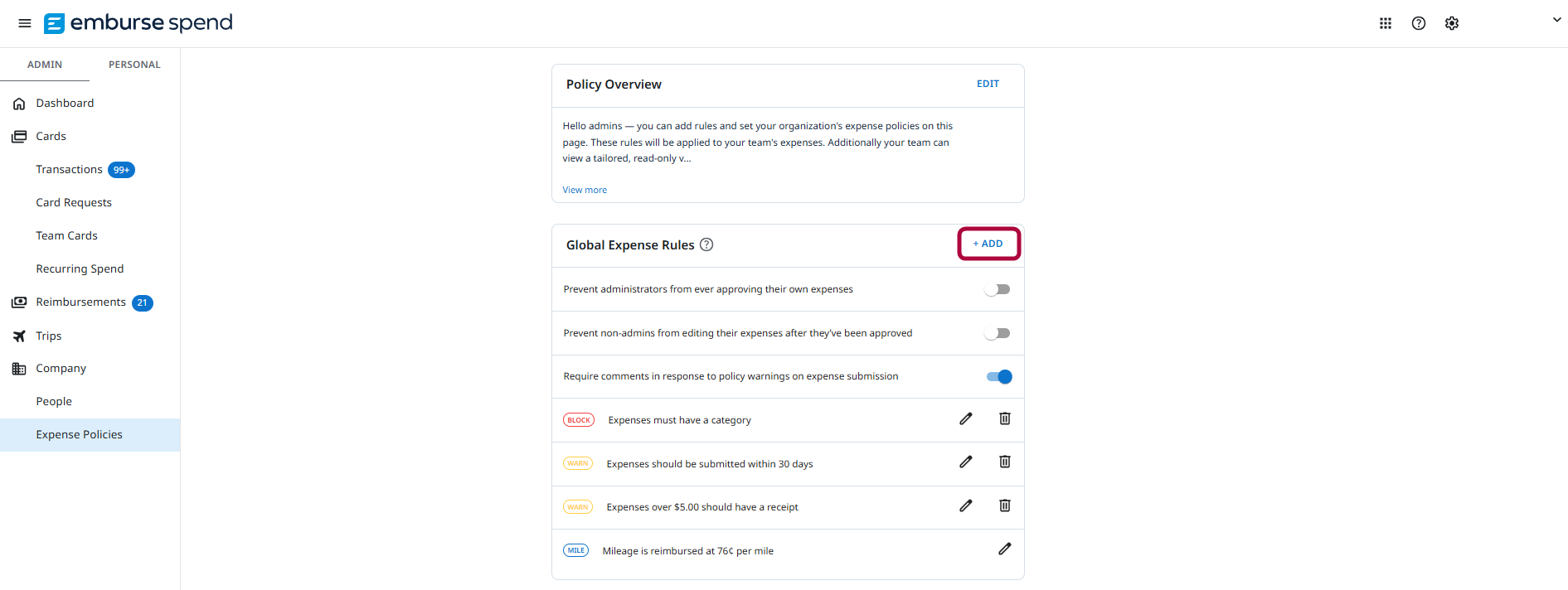 Add a Rule button on the Expense Policy screen