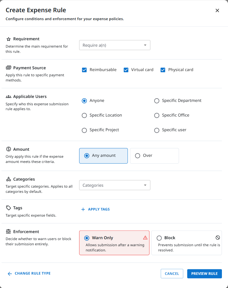 Rule builder form with source, submitter, amount, and category fields
