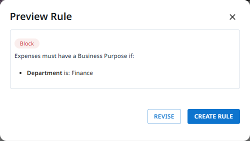 REVISE and CREATE RULE buttons on the Preview Rule screen