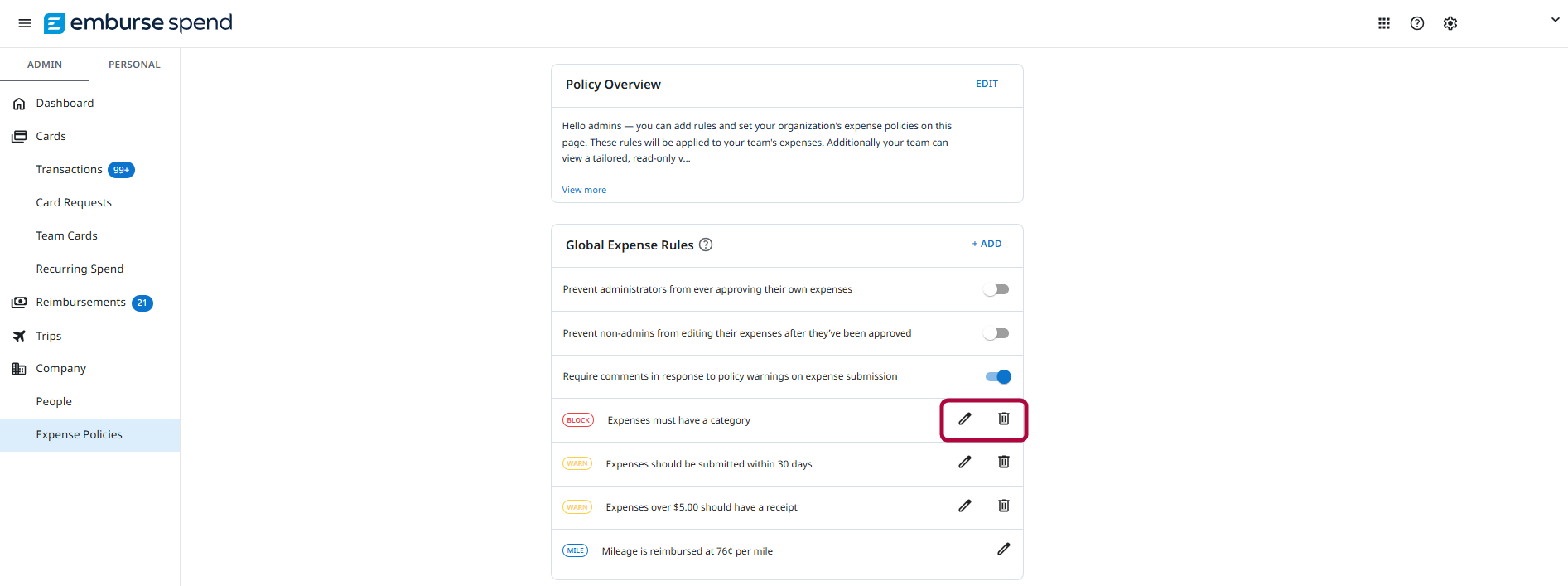 Editing a rule and saving the changes on the Expense Policy screen