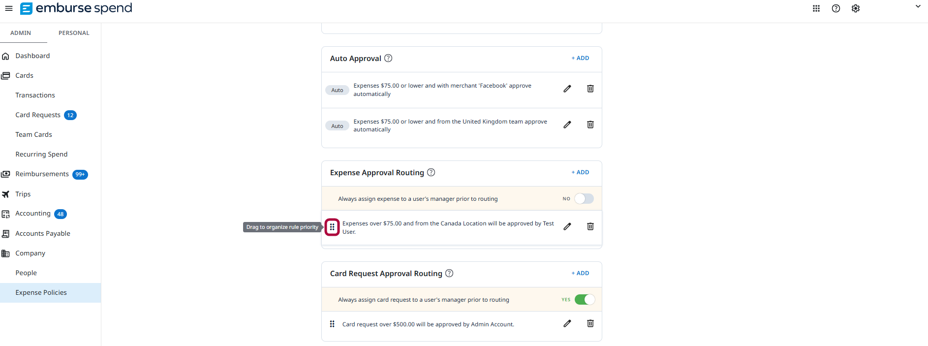 Expense Policies page with a drag handle tooltip reading Drag to organize rule priority in the Expense Approval Routing section