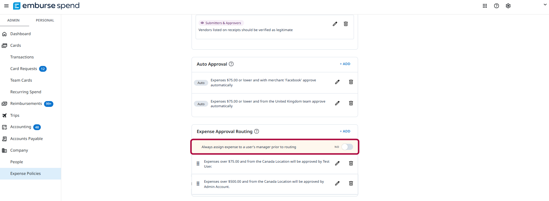 Expense Approval Routing section with the Always assign expense to a user's manager prior to routing toggle
