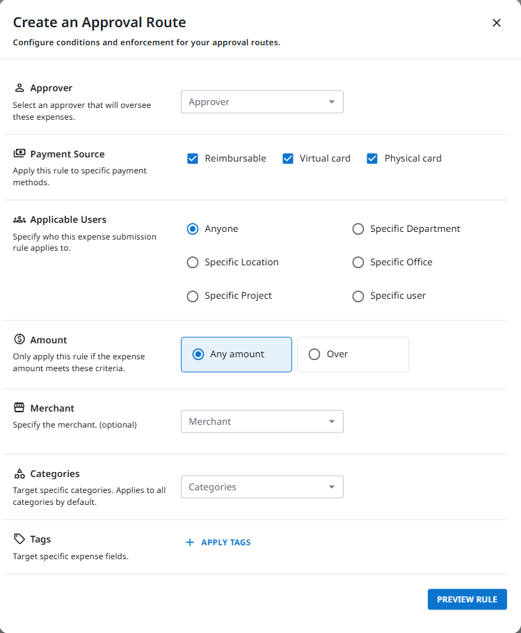 Create an Approval Route dialog with Approver, Payment Source, Applicable Users, Amount, Merchant, Categories, and Tags sections