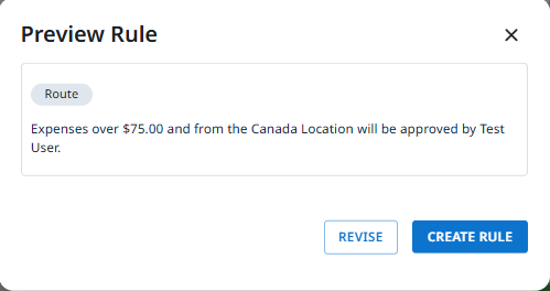 Preview Rule screen showing configured rule criteria for verification before creation
