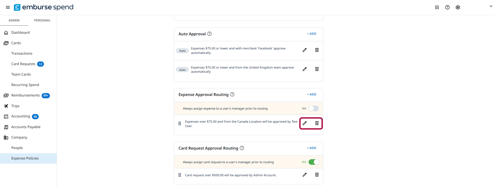 Expense Approval Routing section showing a saved rule with edit and delete icons highlighted