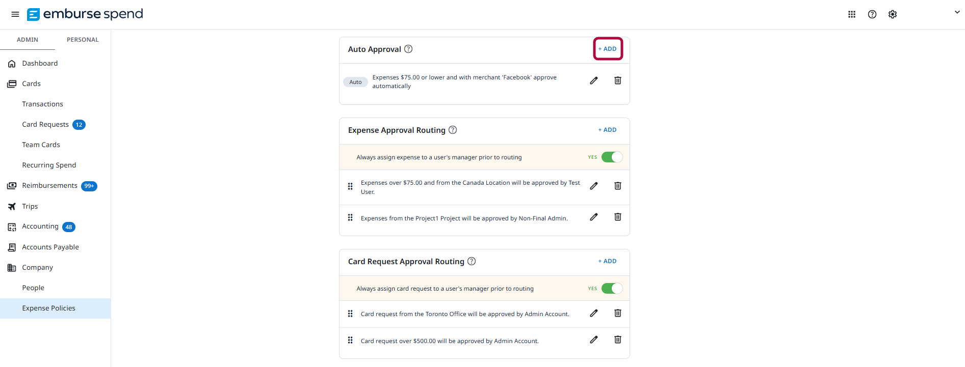 Expense Policies page with the Auto Approval section