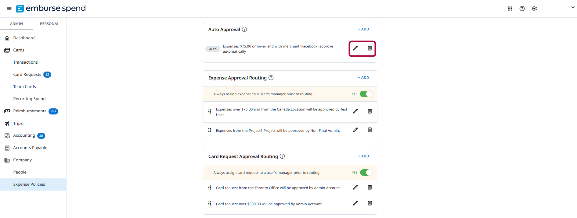Expense Policies page with the Auto Approval section showing a saved rule with edit and delete icons