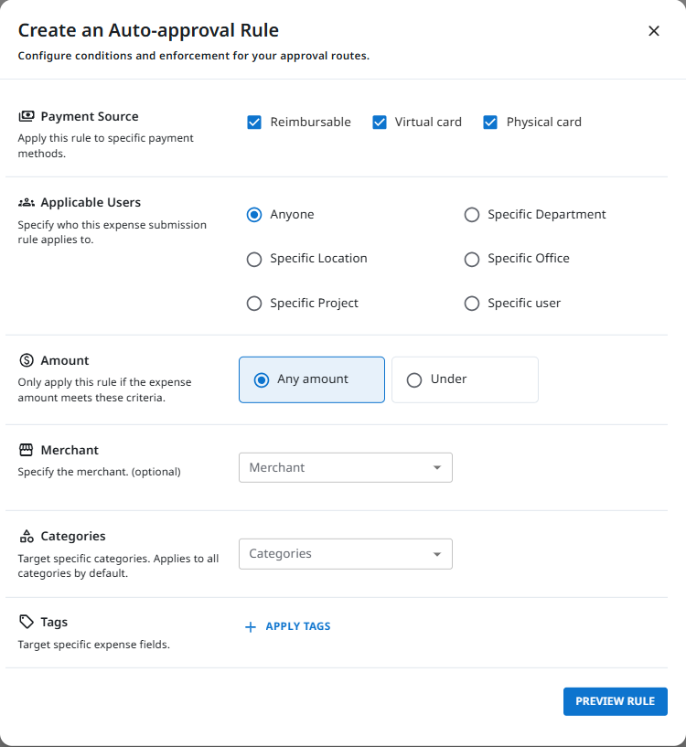 Create an Auto-approval Rule dialog with Payment Source, Applicable Users, Amount, Merchant, Categories, and Tags sections