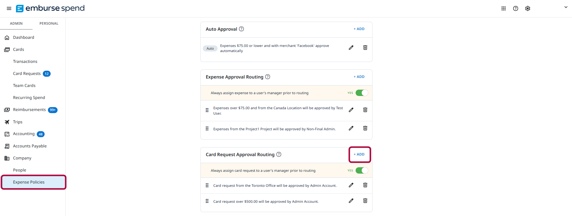 Expense Policies page with Card Request Approval Routing section and ADD button highlighted