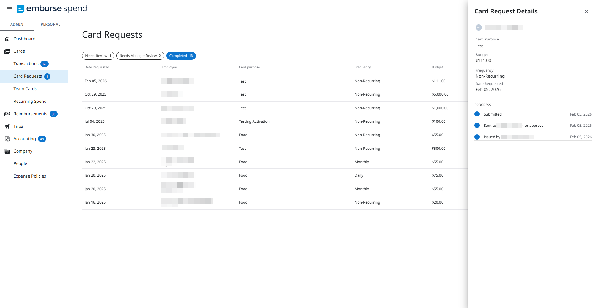 Card Request Details window showing the Progress section with approval workflow steps