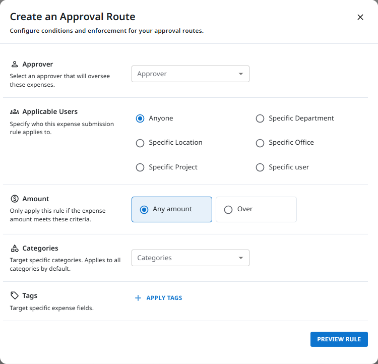 Create an Approval Route dialog showing Approver, Applicable Users, Amount, Categories, and Tags fields