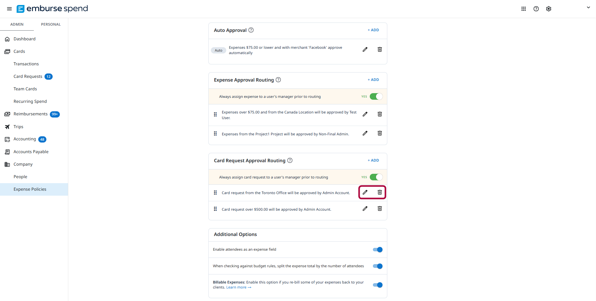 Card Request Approval Routing section showing a saved rule with edit and delete icons