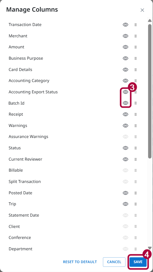Manage Columns panel with Accounting Export Status and Batch ID visibility enabled.