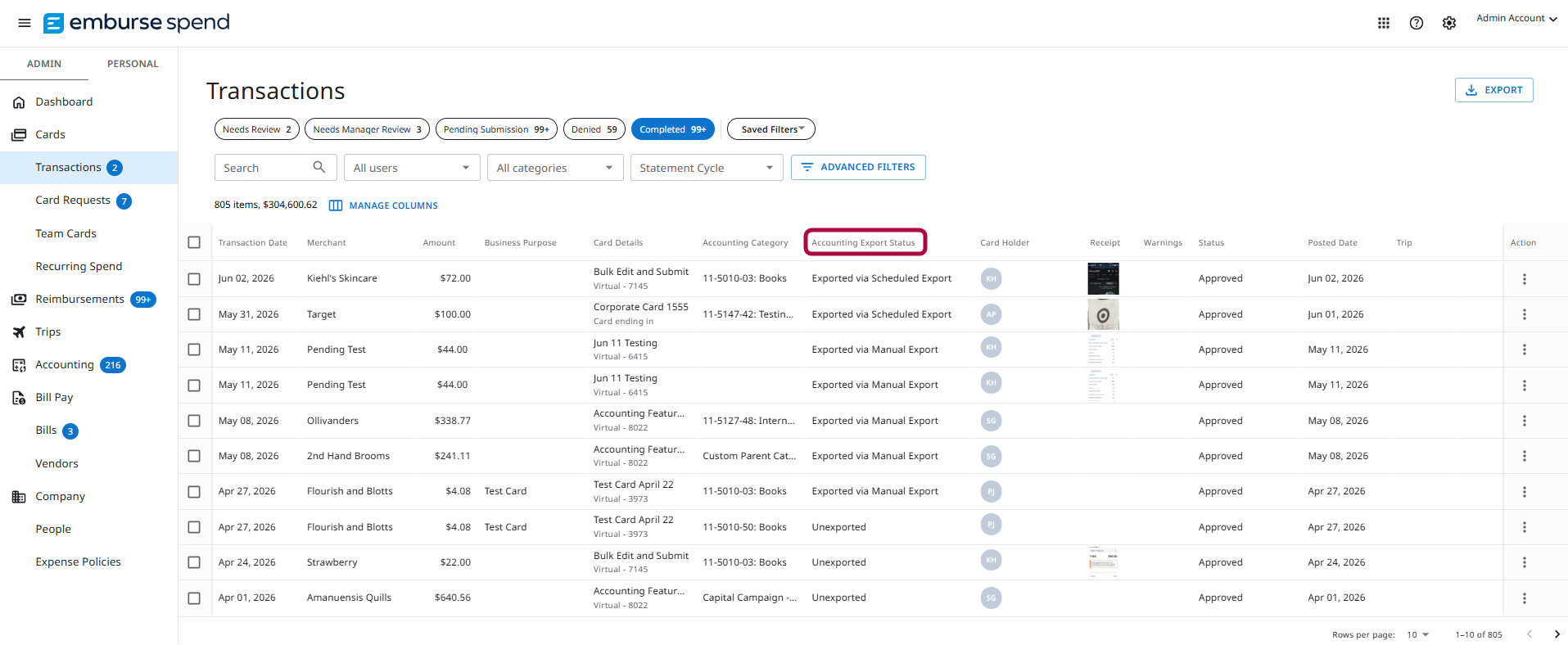 Completed expenses list showing the Accounting Export Status column.