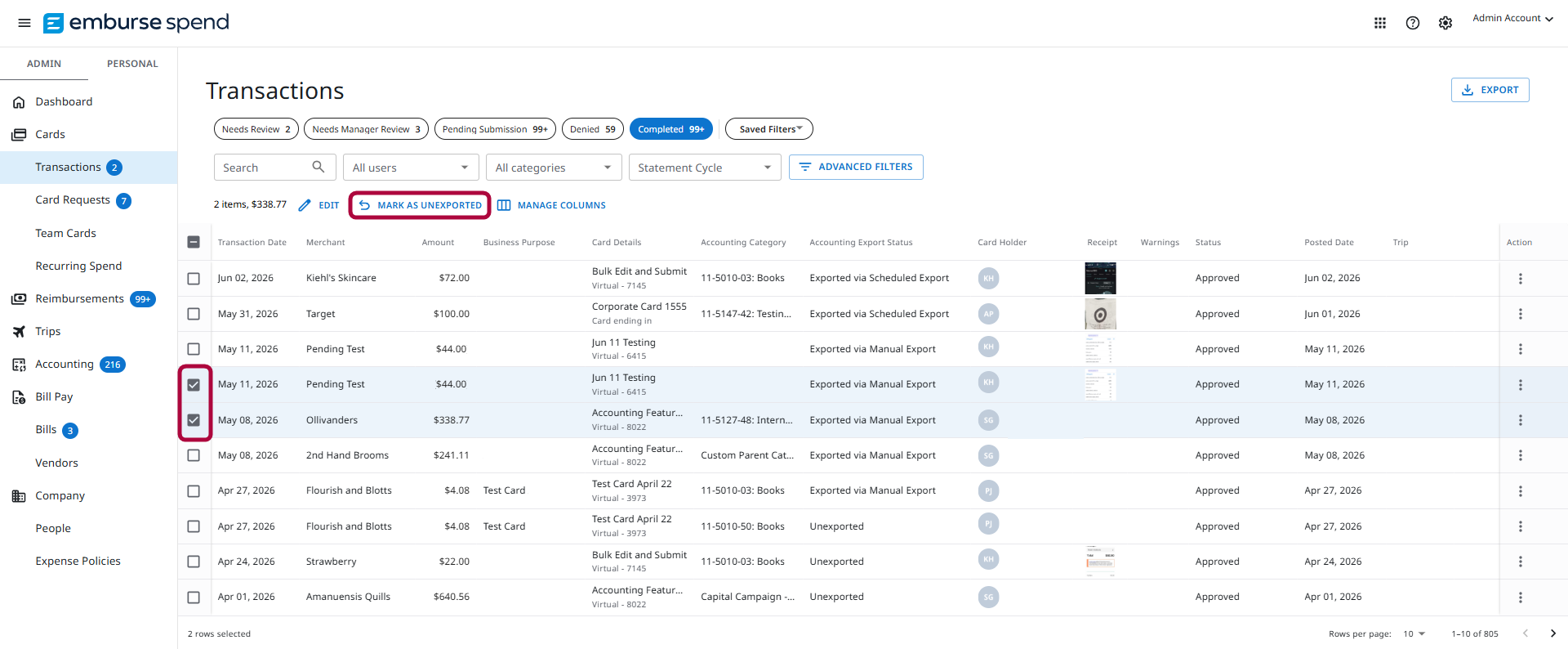 Completed expenses list with the Mark as Unexported button displayed.