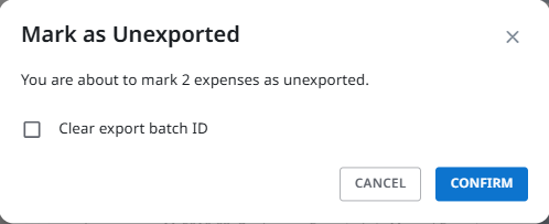 Confirmation dialog with the Clear export batch ID option selected.