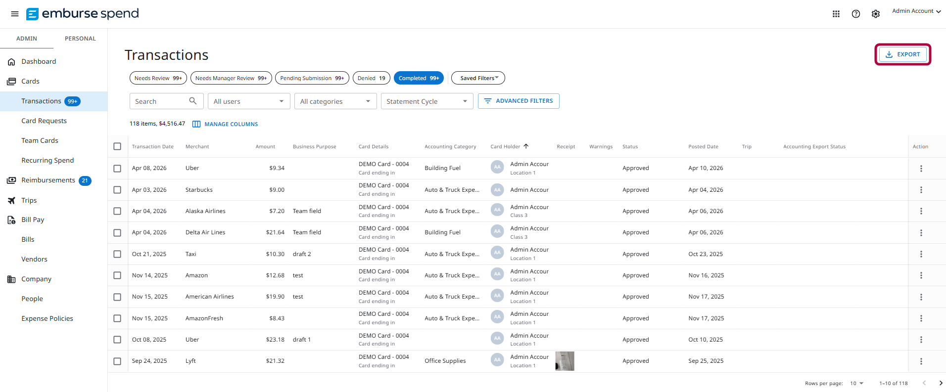 Transactions page with the Export button selected.