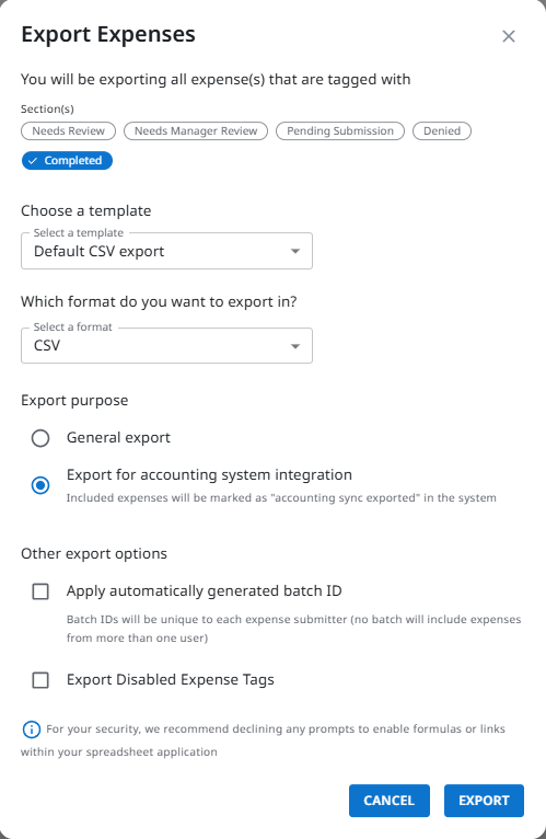 Export Expenses dialog showing transaction type and export purpose options.