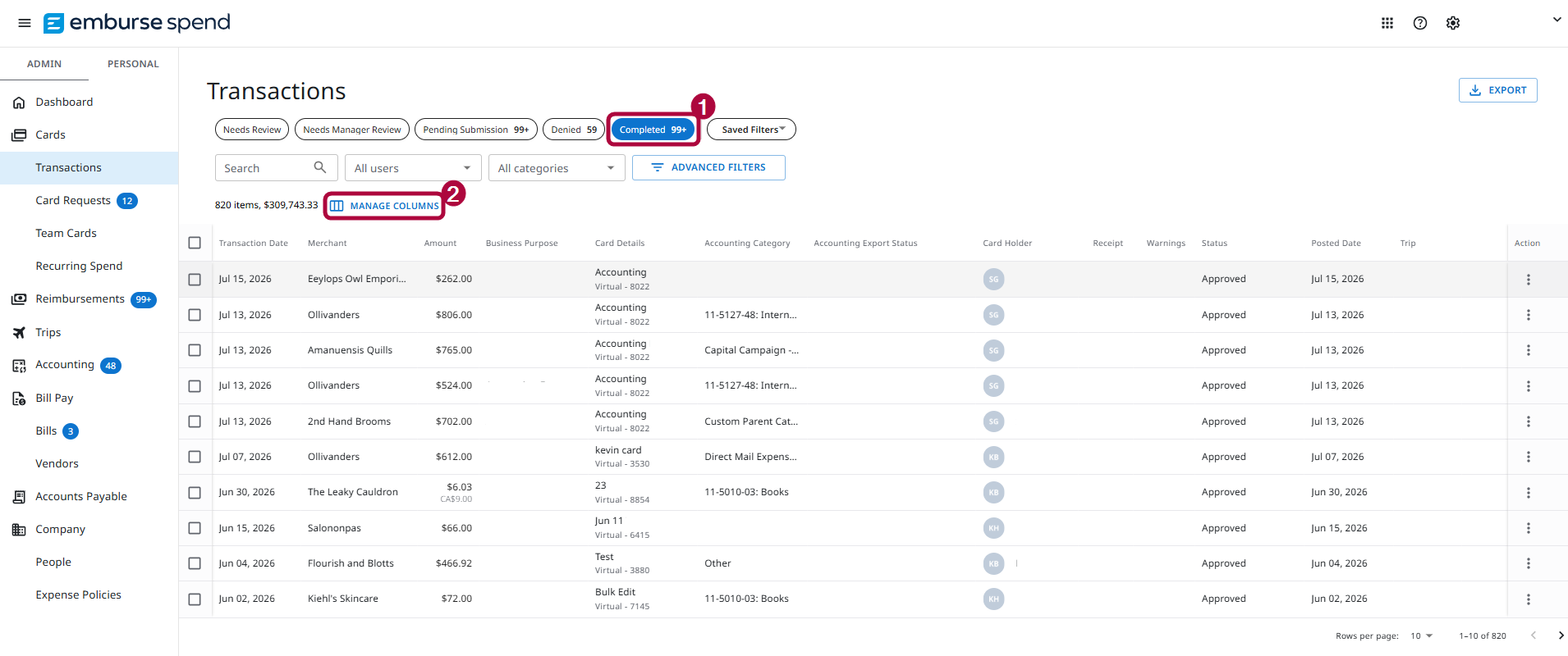 Transactions table on the Completed tab with the Manage Columns option.