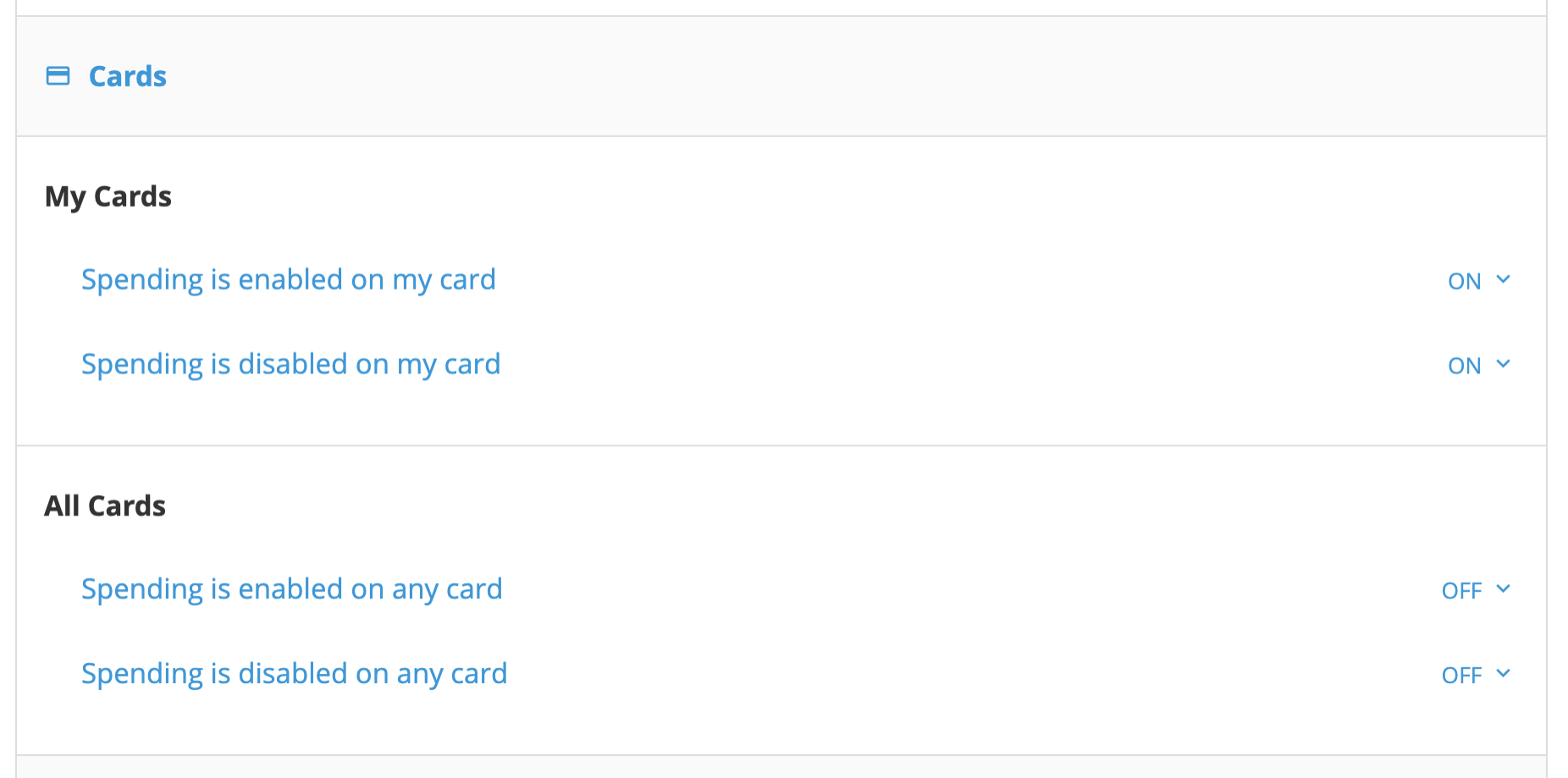 Card notification settings showing options for card creation and suspension alerts.