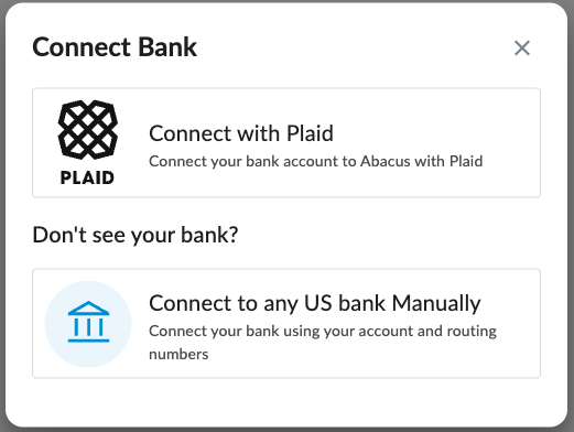 Connect Bank dialog with Connect with Plaid and manual bank connection options