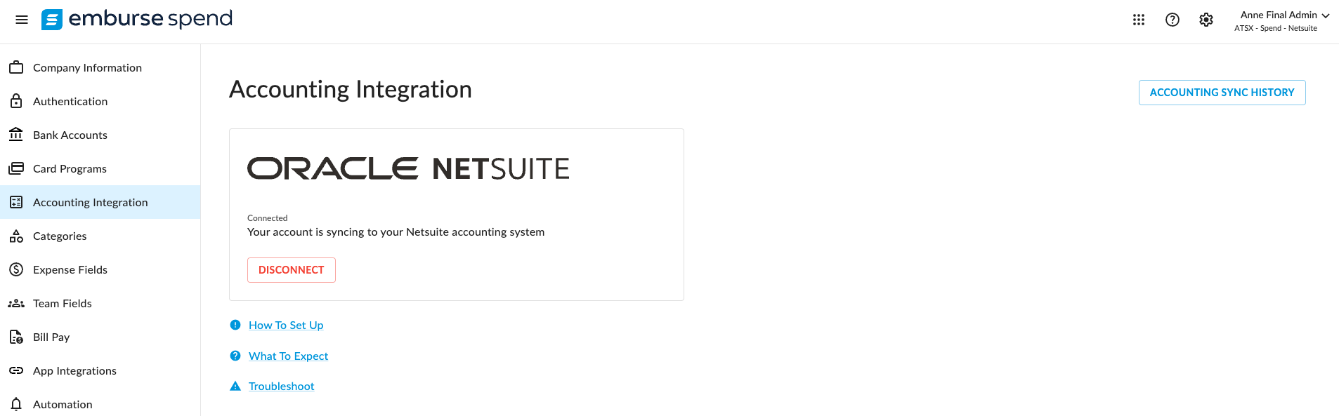 Accounting Integration page with Accounting Sync History button in the upper right