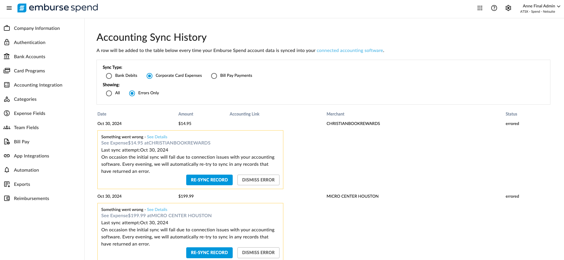 Accounting Sync History screen filtered to Corporate Card Expenses and Errors Only with Re-Sync Record action
