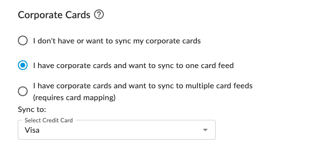 Accounting Integration Corporate Cards section with sync to one card feed option selected