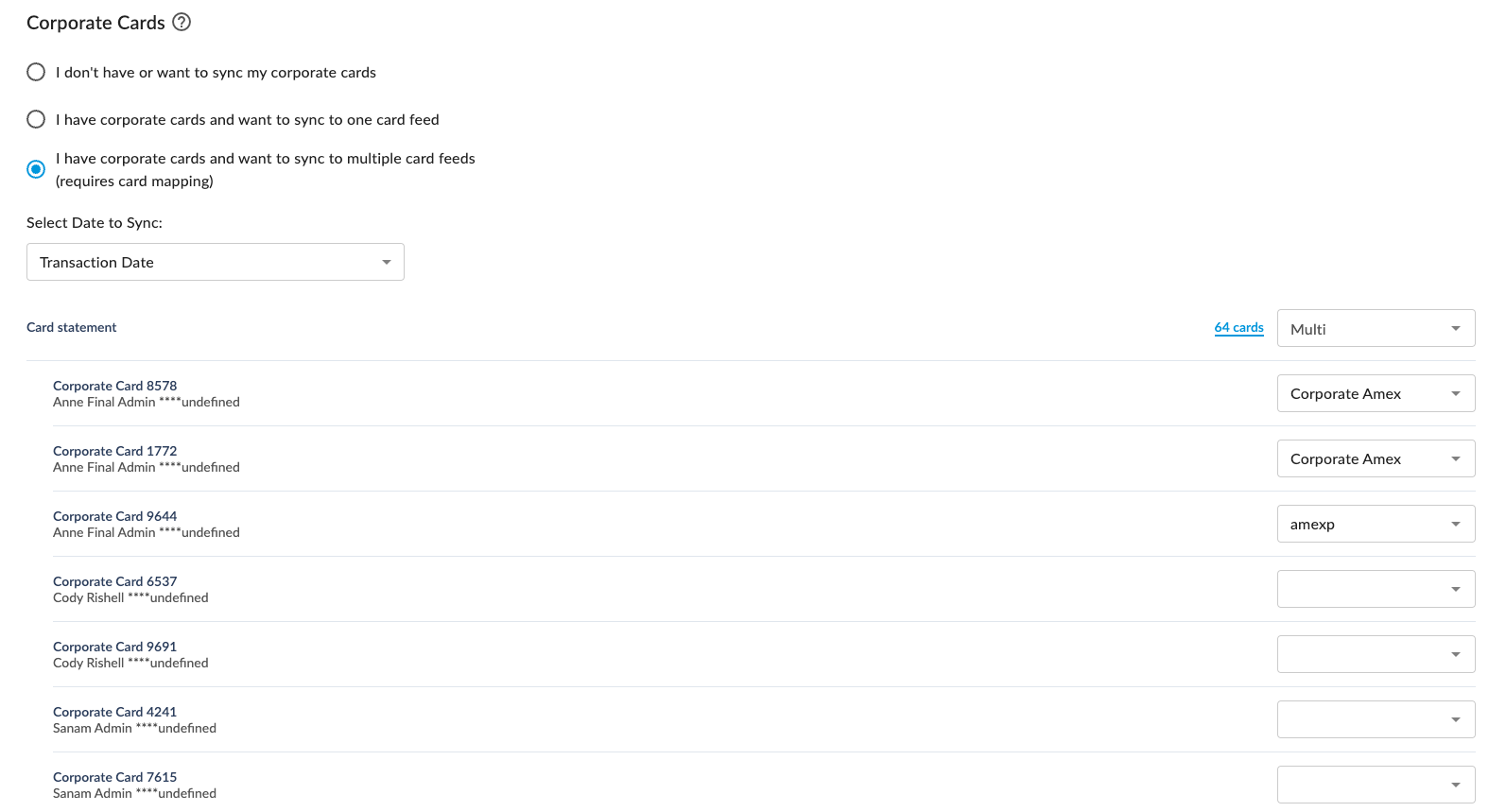 Accounting Integration Corporate Cards section with corporate cards mapped to GL account feeds